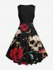 Robe trapèze vintage des années 1950, grande taille, motif tête de mort, rose, fleur, feuille, papillon, champignon, imprimé Halloween - Noir 1X