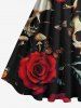 Robe trapèze vintage des années 1950, grande taille, motif tête de mort, rose, fleur, feuille, papillon, champignon, imprimé Halloween - Noir 1X