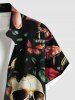 Chemise grande taille à imprimé tête de mort, rose, fleur, feuille, papillon, champignon, Halloween, boutonnée, poche, pour homme - Noir 2XL
