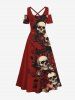 Robe longue trapèze croisée à épaules dénudées et imprimé tête de mort, fleur et feuille, grande taille - Rouge 6X