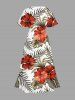 Plus Size Tropical Leaf Hibiscus Flower Print Hawaii Split Pocket A Line Midi Dress -  