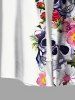 Chemise hawaïenne grande taille à imprimé tête de mort et fleurs colorées avec poches boutonnées pour homme - Blanc 5XL