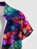 Plus Size Colorful Ombre Mermaid Scale Flower Print Hawaii Button Pocket Shirt For Men -  