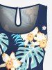 Plus Size Tropical Leaf Hibiscus Flower Print Hawaii Drawstring Pocket Romper -  