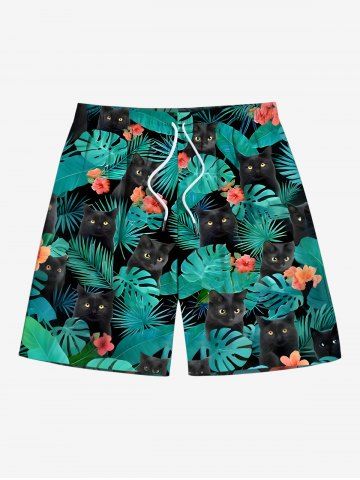 Plus Size Tropical Leaf Hibiscus Flowers Print Hawaii Beach Shorts For Men - BLACK - 8XL