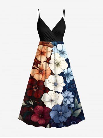 Plus Size Colorful Flowers Print Surplice Hawaii Cami Dress - BLACK - 5X