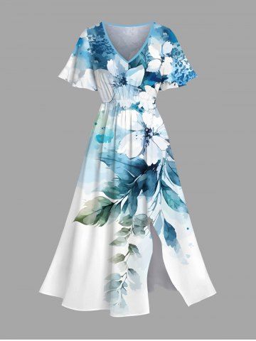 Plus Size Watercolor Flowers Leaf Print Split Hawaii Midi Dress - LIGHT BLUE - M