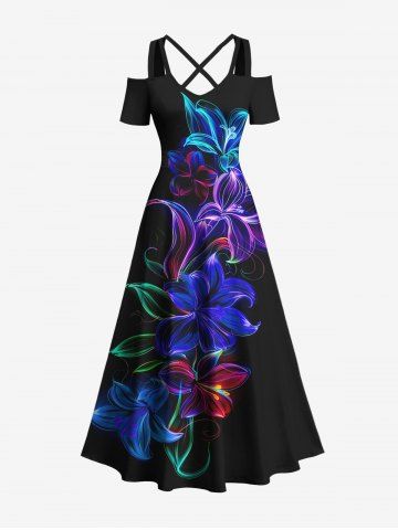 Plus Size Flowers Leaf Neon Print Cold Shoulder Crisscross Hawaii Maxi Dress - BLACK - XXS