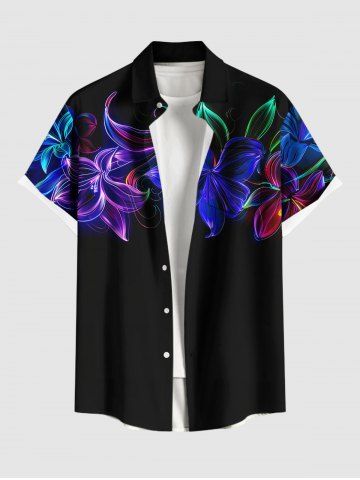 Plus Size Flowers Leaf Neon Print Buttons Pocket Hawaii Shirt For Men - BLACK - 3XL