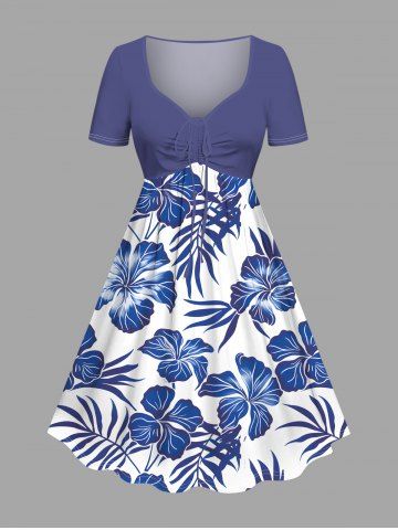 Plus Size Tropical Leaf Hibiscus Flowers Print Cinched Hawaii Dress - BLUE - 4X