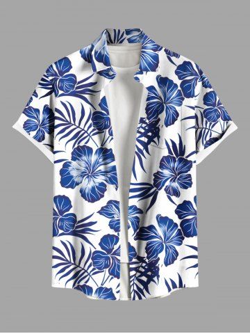 Plus Size Tropical Leaf Hibiscus Flowers Print Buttons Pocket Hawaii Shirt For Men - WHITE - 5XL