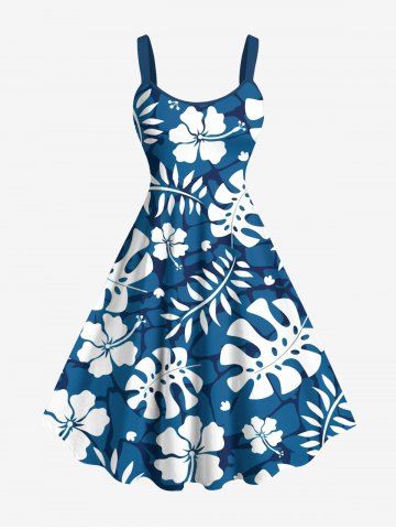 Plus Size Hibiscus Flowers Tropical Leaf Print Hawaii Tank Dress