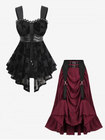 Gothic Rose Flocking Mesh Lace Up Tank Top and Ruffles Steampunk Plisse Skirt Plus Size Outfit