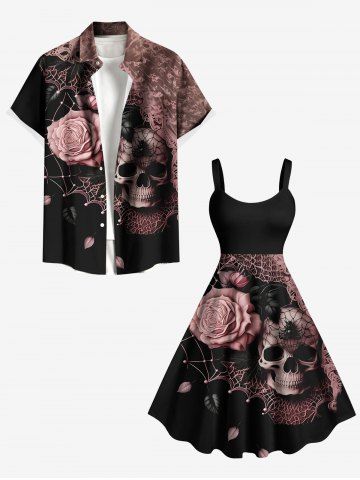 Costume d&#39;Halloween, crânes, roses, fleurs, toile d&#39;araignée, imprimé grande taille, tenue assortie pour couples - BLACK