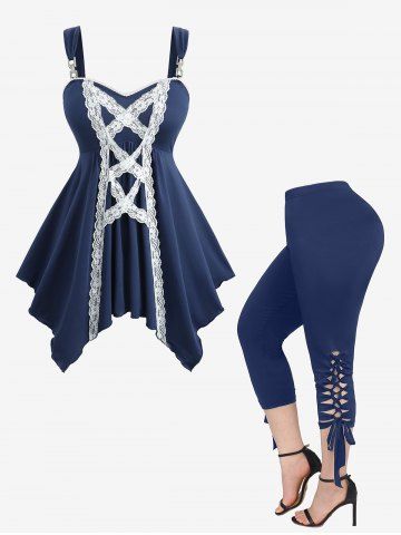 Lace-up Two Tone Handkerchief Top and Hollow Out Braided Solid Cropped Leggings Plus Size Outfit