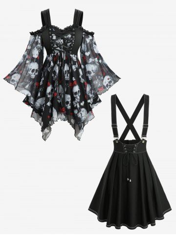 Skull Bowknot Heart Print Asymmetric Top and Zipper Lace Up Crisscross A Line Suspender Skirt Plus Size Outfit - BLACK