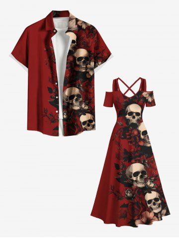 Halloween Costume Skull Flower Leaf Print Plus Size Matching Outfit For Couples - RED