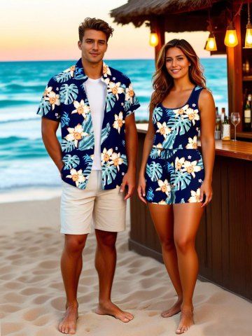 Matching Hawaii Shirt and Romper Plus Size Beach Outfit Tropical Leaf Hibiscus Flower Print For Couples