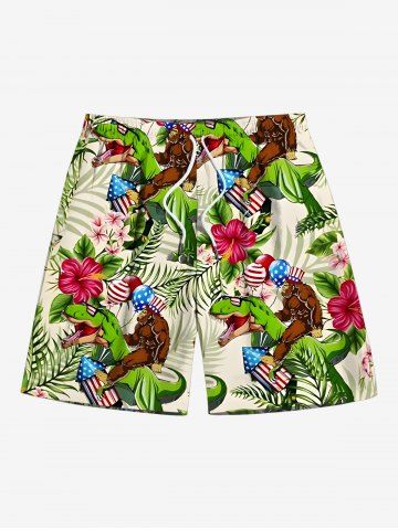 Plus Size Tropical Leaf Hibiscus Flower Dinosaur Gorillas Patriotic American Flag Balloon Print Hawaii Beach Shorts For Men - GREEN - XL