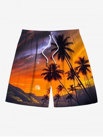 Plus Size Coconut Tree Ombre Dusk Sunset Print Hawaii Drawstring Beach Shorts For Men - DARK ORANGE - 6XL