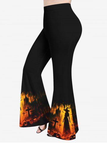 Pantalon évasé d&#39;Halloween grande taille à imprimé citrouille et croix de sorcier et château de chauve-souris - BLACK - 6X