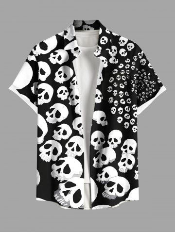Plus Size Skull Print Halloween Button Pocket Shirt For Men - BLACK - 3XL