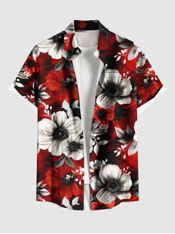 Plus Size Two Tone Flower Leaf Print Hawaii Button Pocket Shirt For Men - RED - 4XL