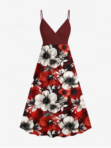 Plus Size Two Tone Flower Leaf Print Hawaii Surplice A Line Cami Dress - RED - XXS