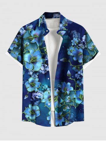 Plus Size Ombre Hibiscus Flower Print Hawaii Button Pocket Shirt For Men - BLUE - M