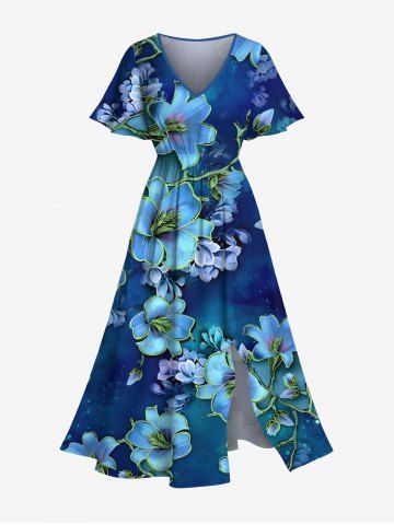 Plus Size Ombre Hibiscus Flower Print Hawaii Split Pocket A Line Midi Dress - BLUE - 6X