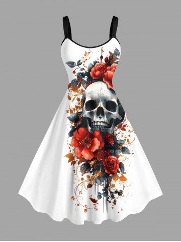 Plus Size Skull Flower Leaf Print Halloween Costume A Line Tank Dress - WHITE - 1X