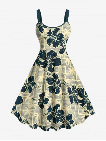 Plus Size Coconut Tree Hibiscus Flowers Print Hawaii Tank Dress - BEIGE - XS