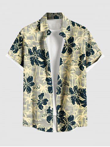 Plus Size Coconut Tree Hibiscus Flowers Print Buttons Pocket Hawaii Shirt For Men - BEIGE - 6XL