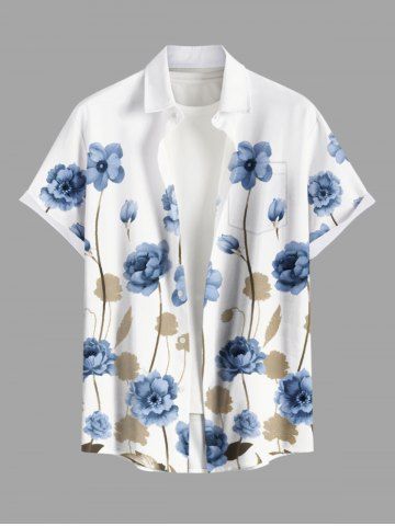 Plus Size Flower Leaf Branch Print Hawaii Button Pocket Shirt For Men - WHITE - S