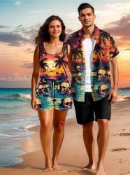 Halloween Costume Matching Hawaii Shirt and Romper Plus Size Beach Outfit Coconut Tree Skulls Sun Seascape Printed for Couples -  