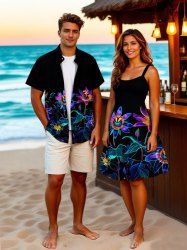 Daisy Flowers Leaf Neon Print Plus Size Matching Hawaii Beach Outfit For Couples -  