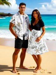 Tropical Leaf Flowers Print Plus Size Matching Hawaii Beach Outfit For Couples -  