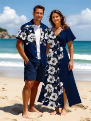 Tenue de plage hawaïenne assortie grande taille, motif fleurs d'hibiscus, feuilles, poissons, imprimé tropical, pour couples - Bleu profond 