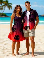 Tenue de plage hawaïenne assortie grande taille avec imprimé ciel ombré et cocotier pour couples - Rouge 