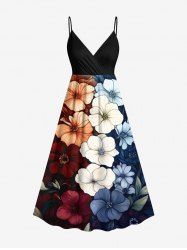 Plus Size Colorful Flowers Print Surplice Hawaii Cami Dress -  