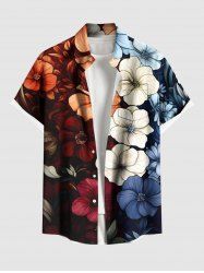 Plus Size Colorful Flowers Print Buttons Pocket Hawaii Shirt For Men -  