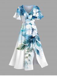 Plus Size Watercolor Flowers Leaf Print Split Hawaii Midi Dress -  
