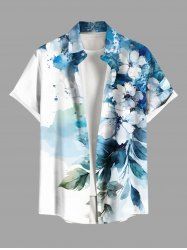 Plus Size Watercolor Flowers Leaf Print Buttons Pocket Hawaii Shirt For Men -  