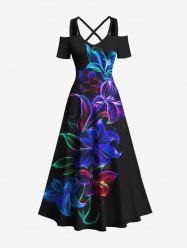 Robe longue hawaïenne grande taille à imprimé feuilles et fleurs fluo, épaules dénudées et croisée - Noir 3X