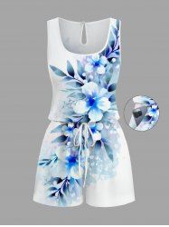 Plus Size Flowers Leaf Print Cinched Hawaii Romper -  