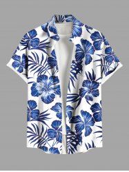 Plus Size Tropical Leaf Hibiscus Flowers Print Buttons Pocket Hawaii Shirt For Men -  