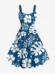 Robe débardeur hawaïenne grande taille à imprimé feuilles tropicales et fleurs d'hibiscus - Bleu XXS