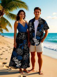 Tenue de plage hawaïenne assortie grande taille à imprimé feuilles tropicales et fleurs pour couples - Noir 