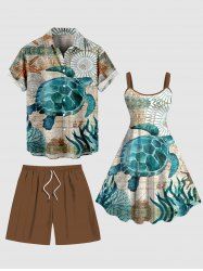 Starfish Turtle Seaweed Floral Print Plus Size Matching Hawaii Beach Outfit For Couples -  