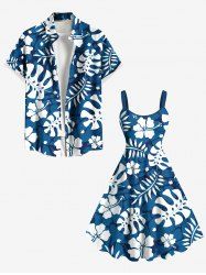 Tenue de plage hawaïenne assortie grande taille à imprimé feuilles tropicales et fleurs d'hibiscus pour couples - Bleu 